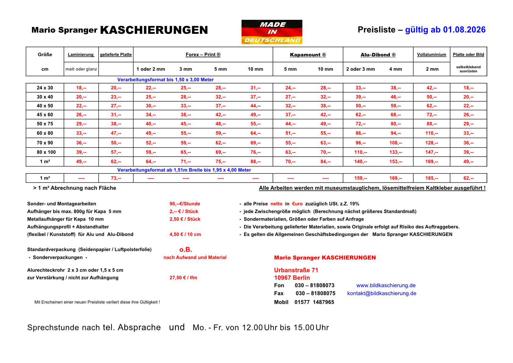 Preisliste Mario Spranger Kaschierungen